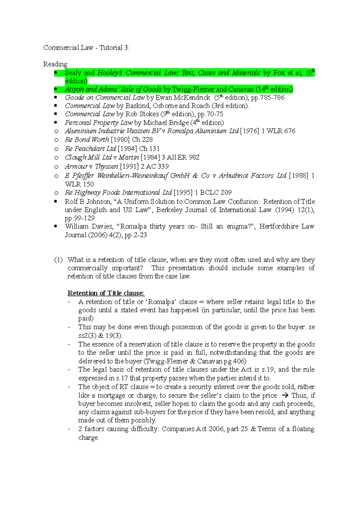 Commercial Law tutorial 3 Commercial Law Tutorial 3 Reading Sealy