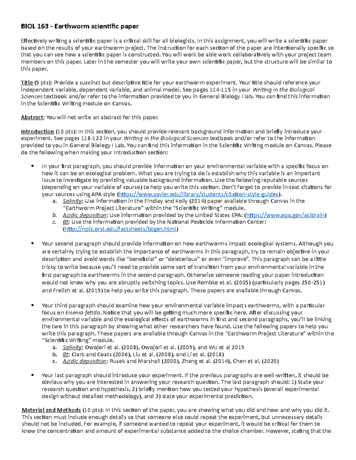 Earthworm Paper Assignment - Biol 163 - Earthworm Scientific Paper 