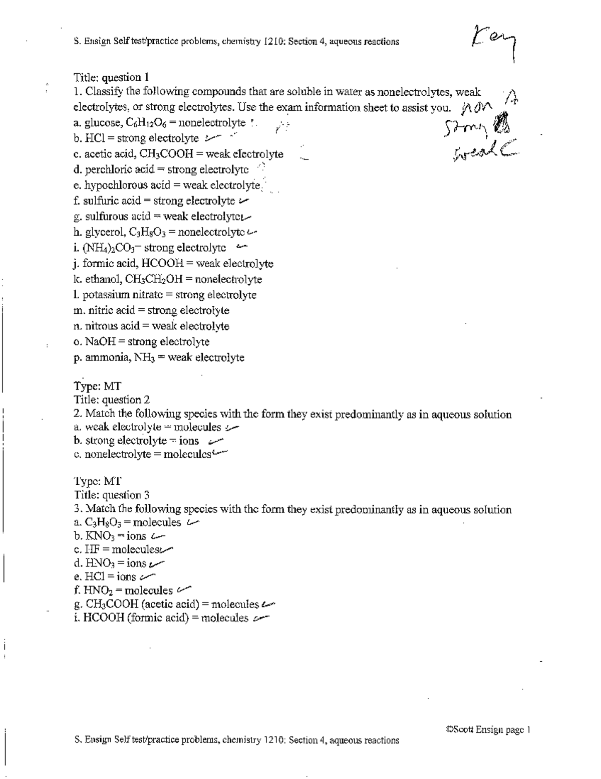 4 Aqueous Reactions Self Test With Answers S Ensign Self Problems Chemistry 1210 Section 4 0055