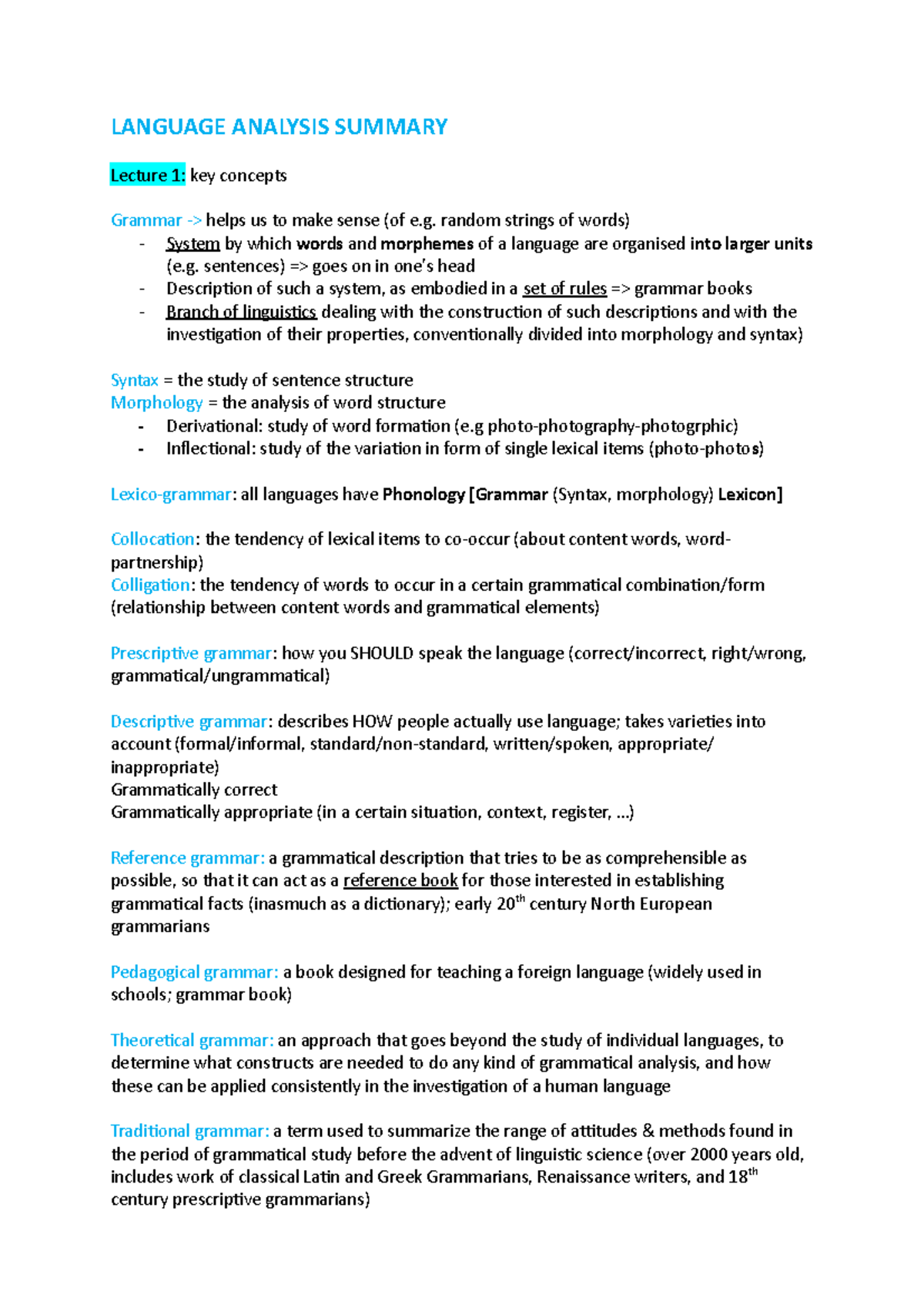 LA Summary - LANGUAGE ANALYSIS SUMMARY Lecture 1: key concepts Grammar ...
