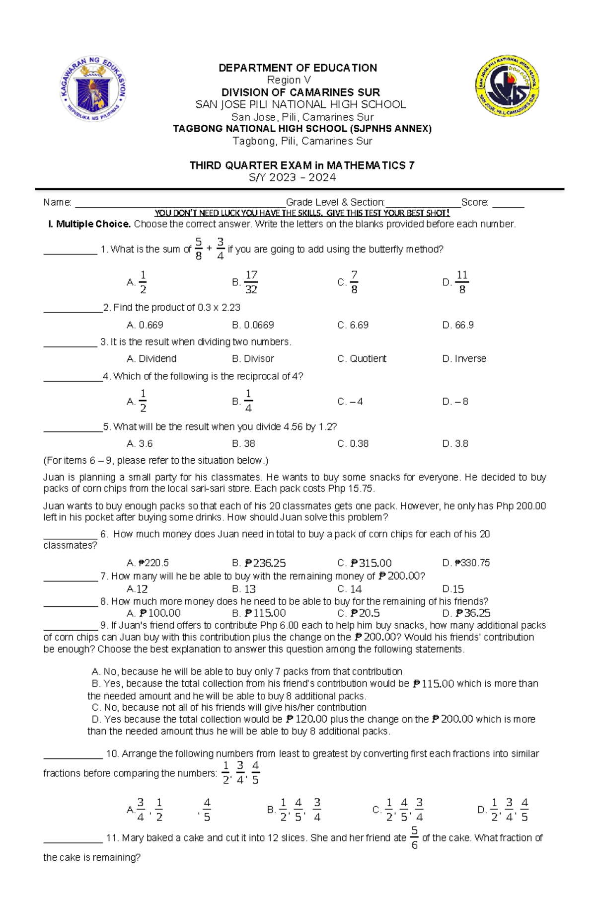 Exam Math 7 Q3 23 24 - Exam - DEPARTMENT OF EDUCATION Region V DIVISION ...