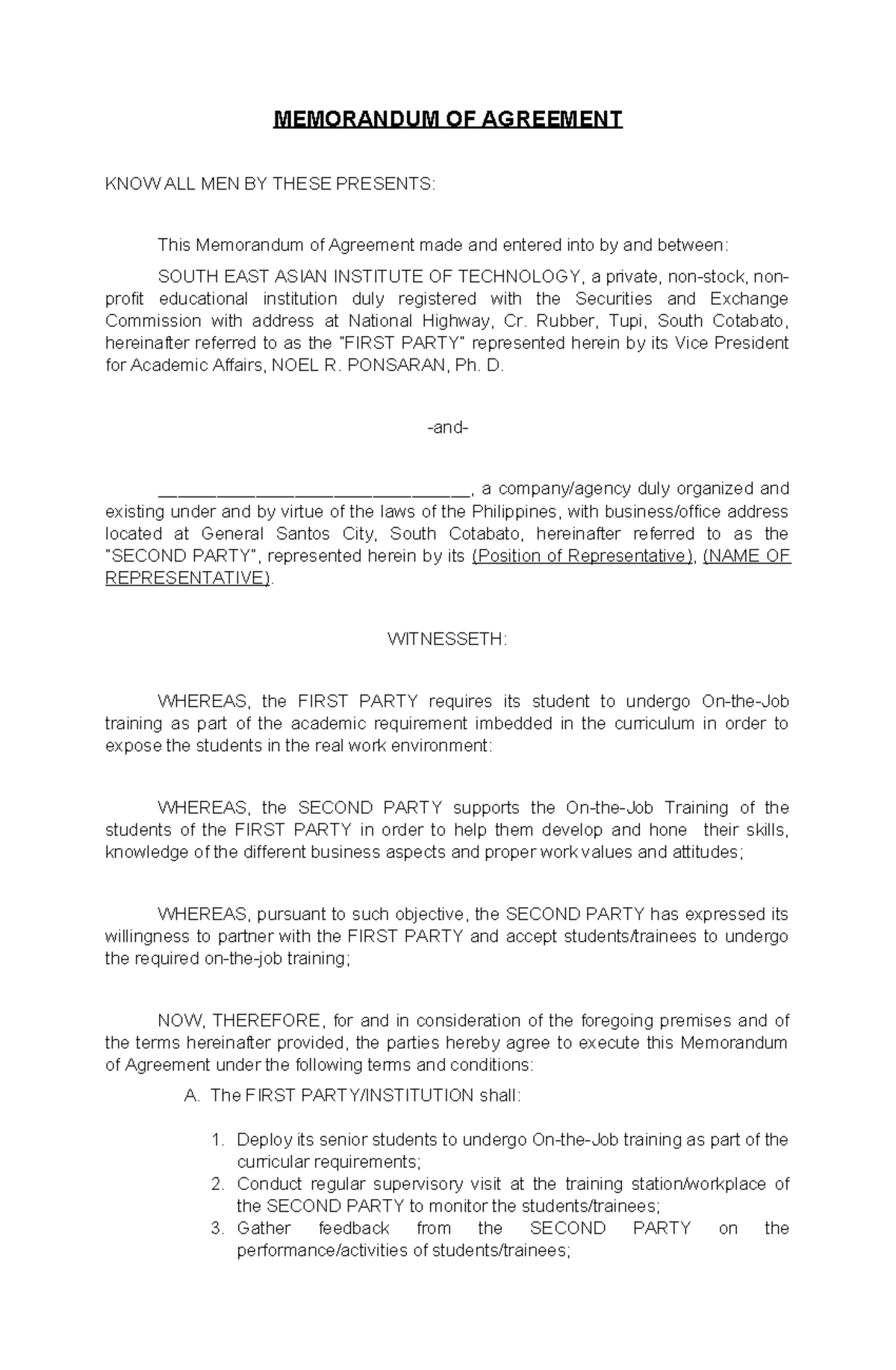MOA-Sample - none - MEMORANDUM OF AGREEMENT KNOW ALL MEN BY THESE ...