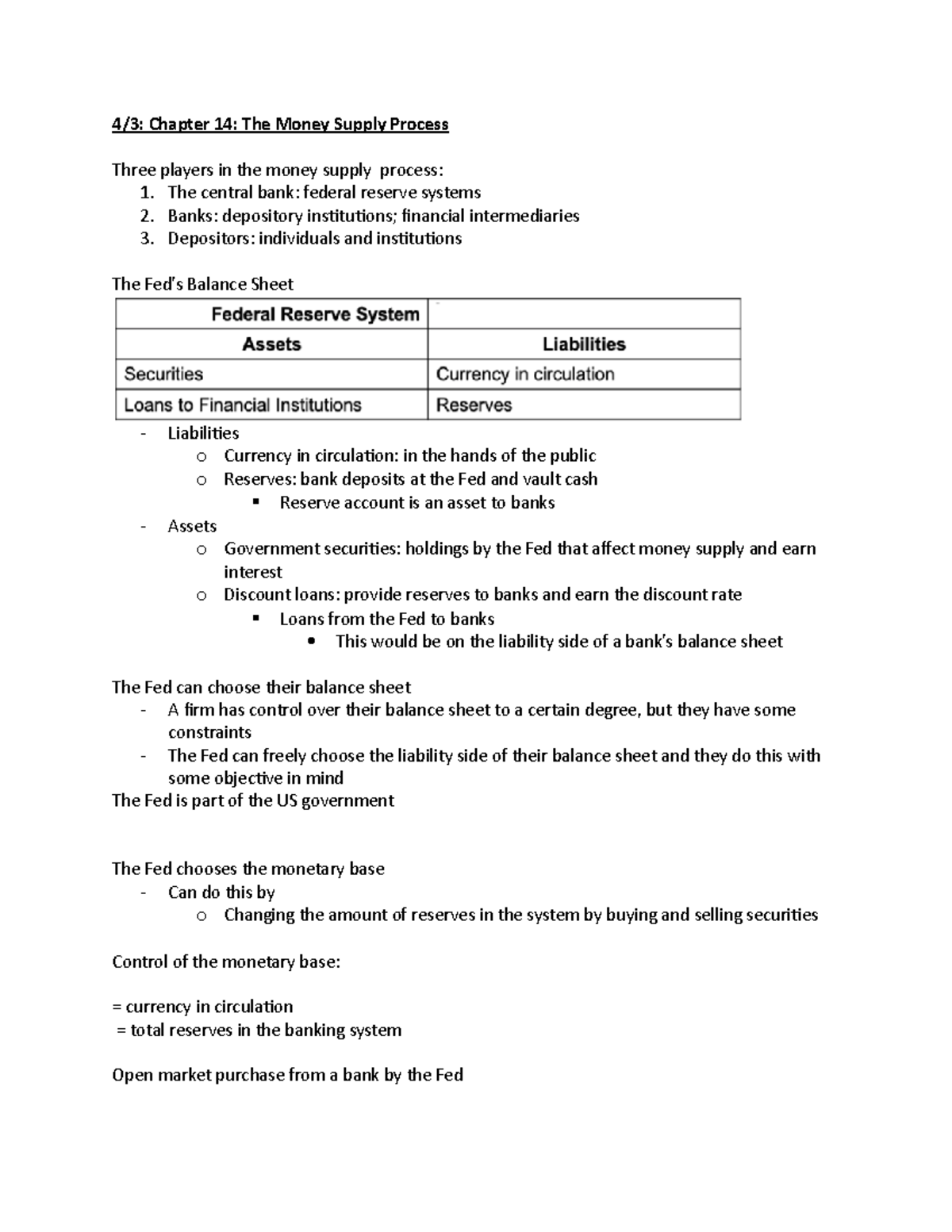 Econ330 April 3 - 4/3: Chapter 14: The Money Supply Process Three ...