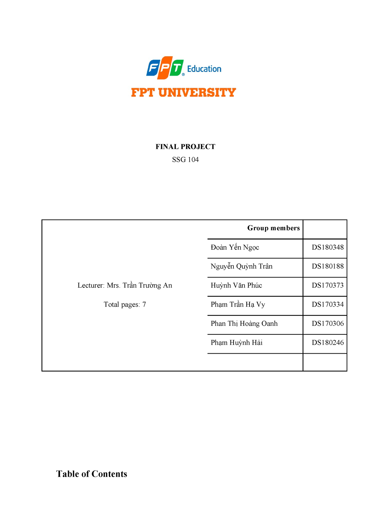SSG Final Report - FINAL PROJECT SSG 104 Group Members Đoàn Yến Ngọc DS ...