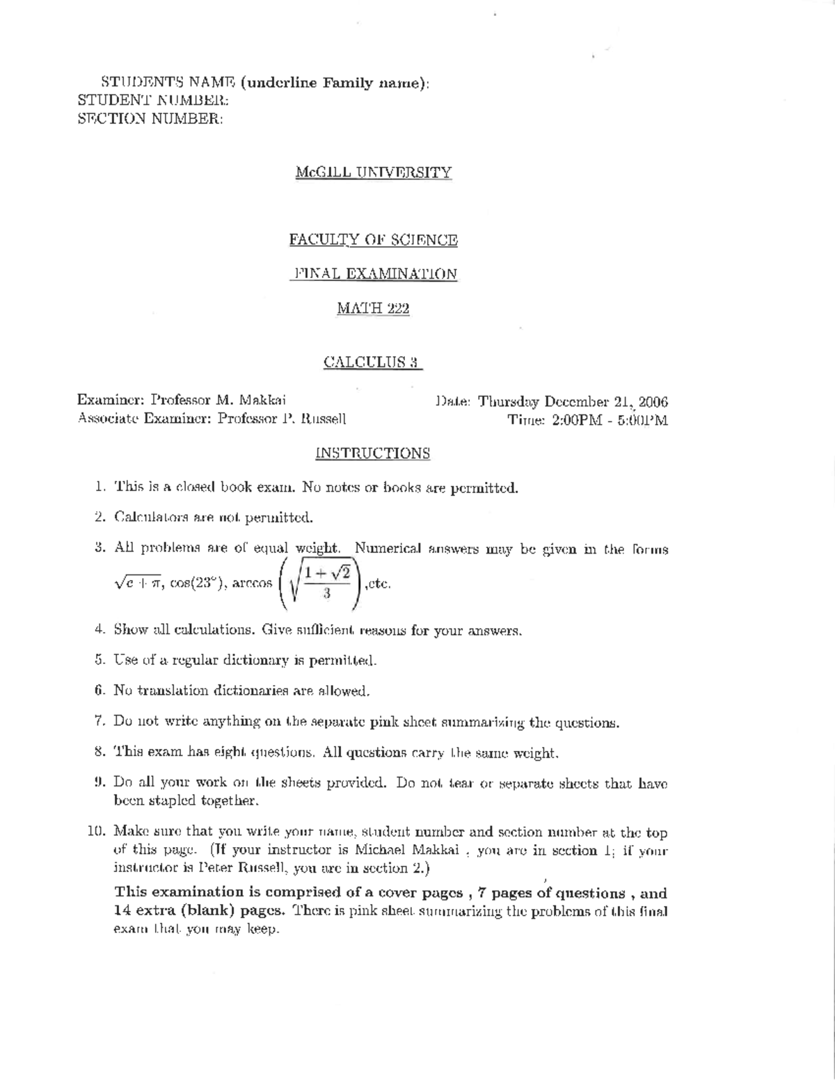 Exam 21 December 2006, questions - Math 222 - Studocu