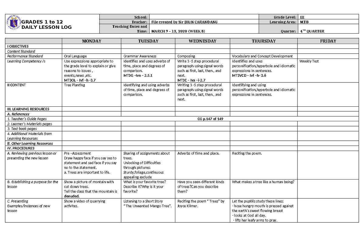 DLL MTB 3 Q4 W8 - GRADES 1 to 12 DAILY LESSON LOG School: Grade Level ...