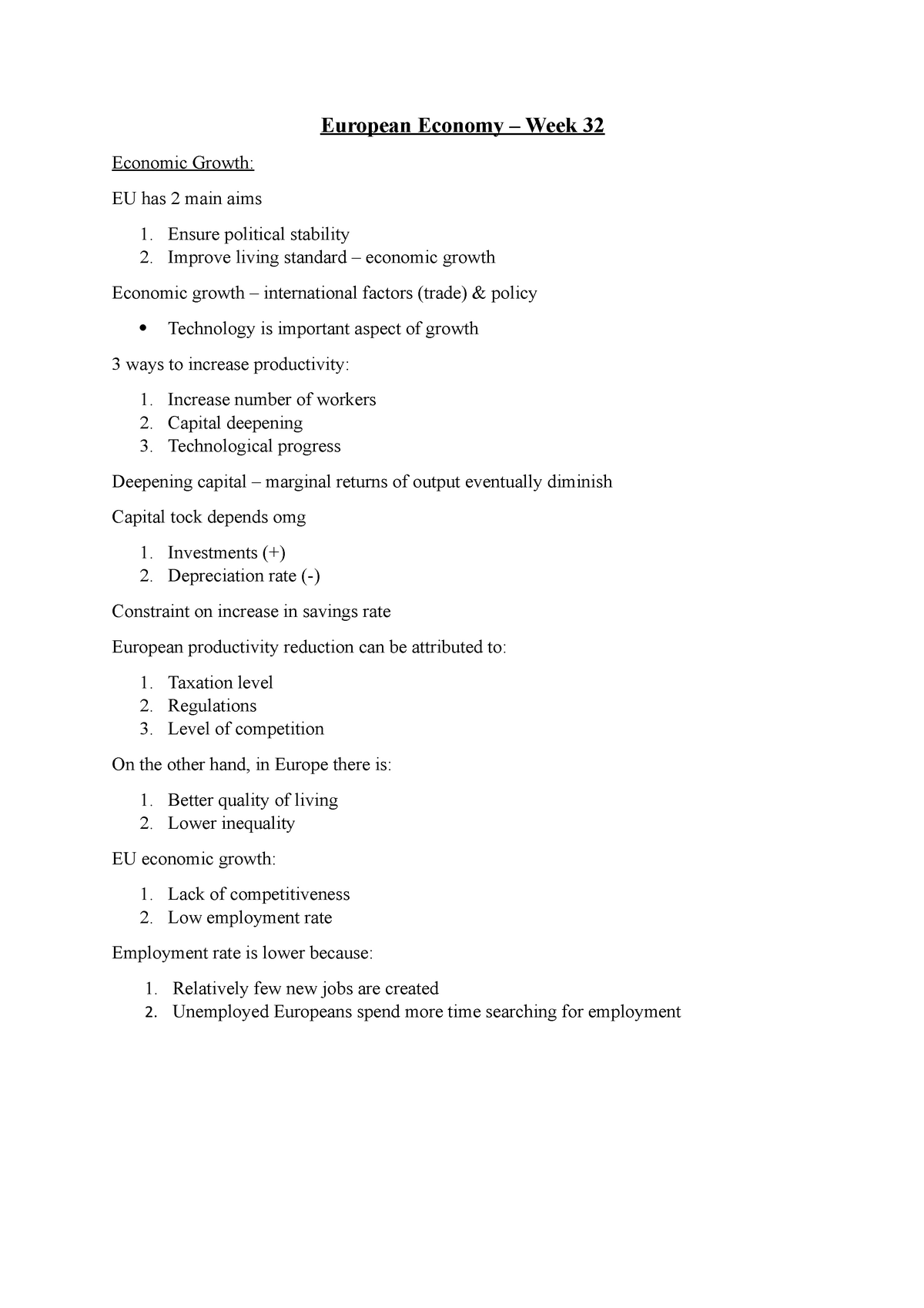 European Economy W32 Economic Growth Eu Has 2 Main Aims 1 Ensure Studocu