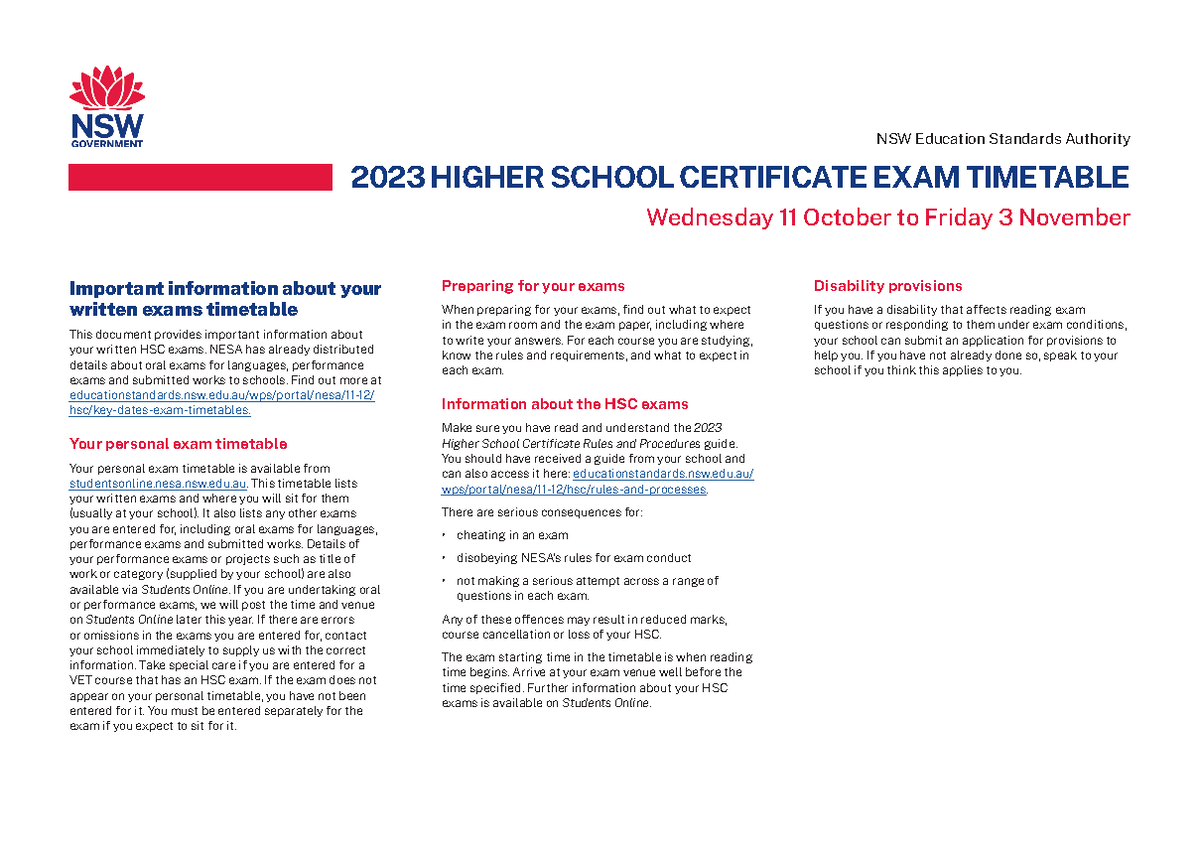 2023 hsc written exam timetable 2023 HIGHER SCHOOL CERTIFICATE EXAM