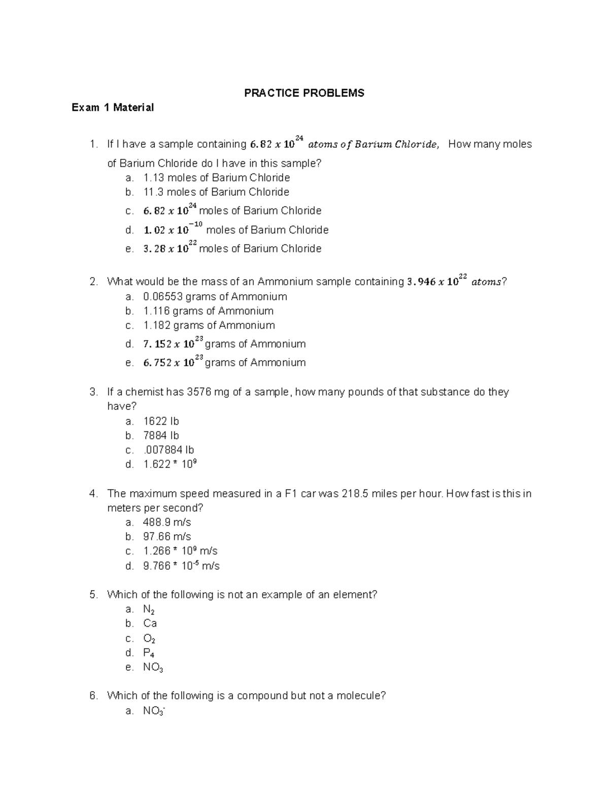 CHEM 111 Final ERS Worksheet - PRACTICE PROBLEMS Exam 1 Material If I ...