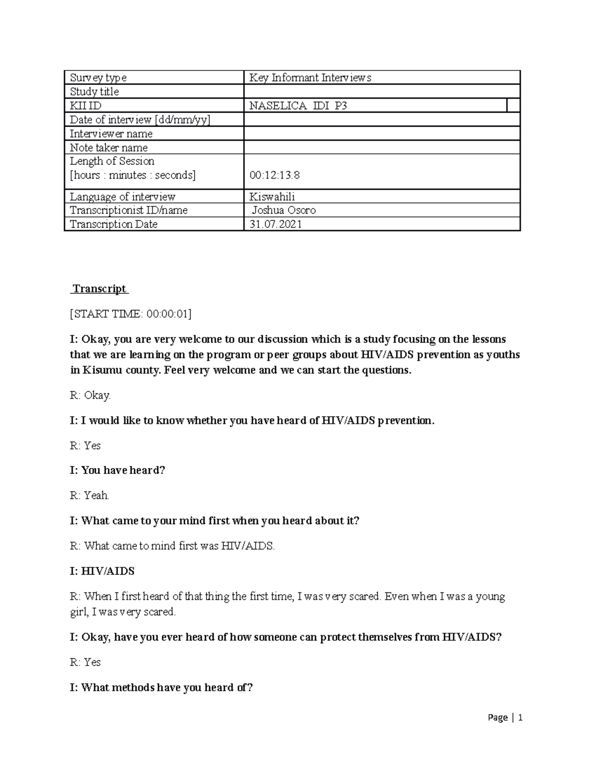 Naselica IDI P3 - NOTES - Survey type Key Informant Interviews Study ...