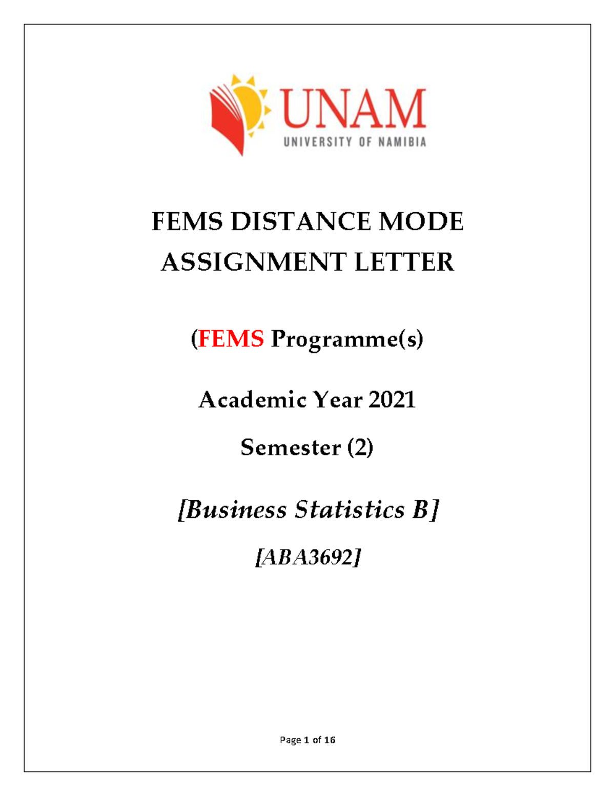 2021 Distance Assignments - ABA3692 Business Statistics B - Page 1 of ...
