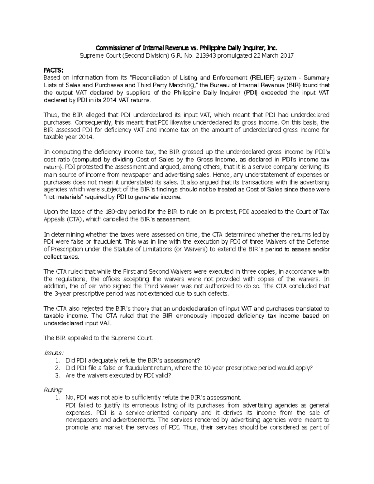 CIR vs PDI - CIR - Commissioner of Internal Revenue vs. Philippine ...