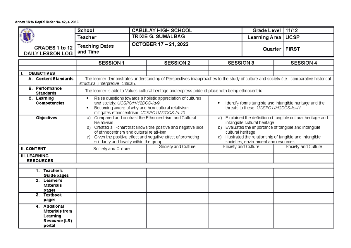 Week 9 - asdadssad - Annex 1B to DepEd Order No. 42, s. 2016 GRADES 1 ...