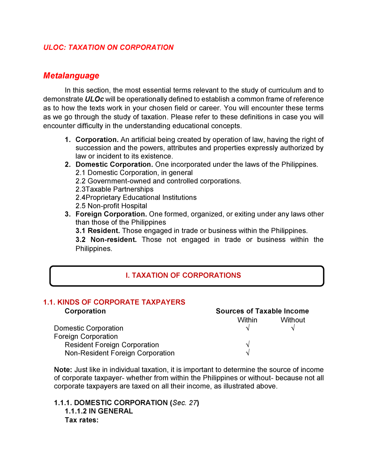 Taxation on Corporations ULOC TAXATION ON CORPORATION Metalanguage 