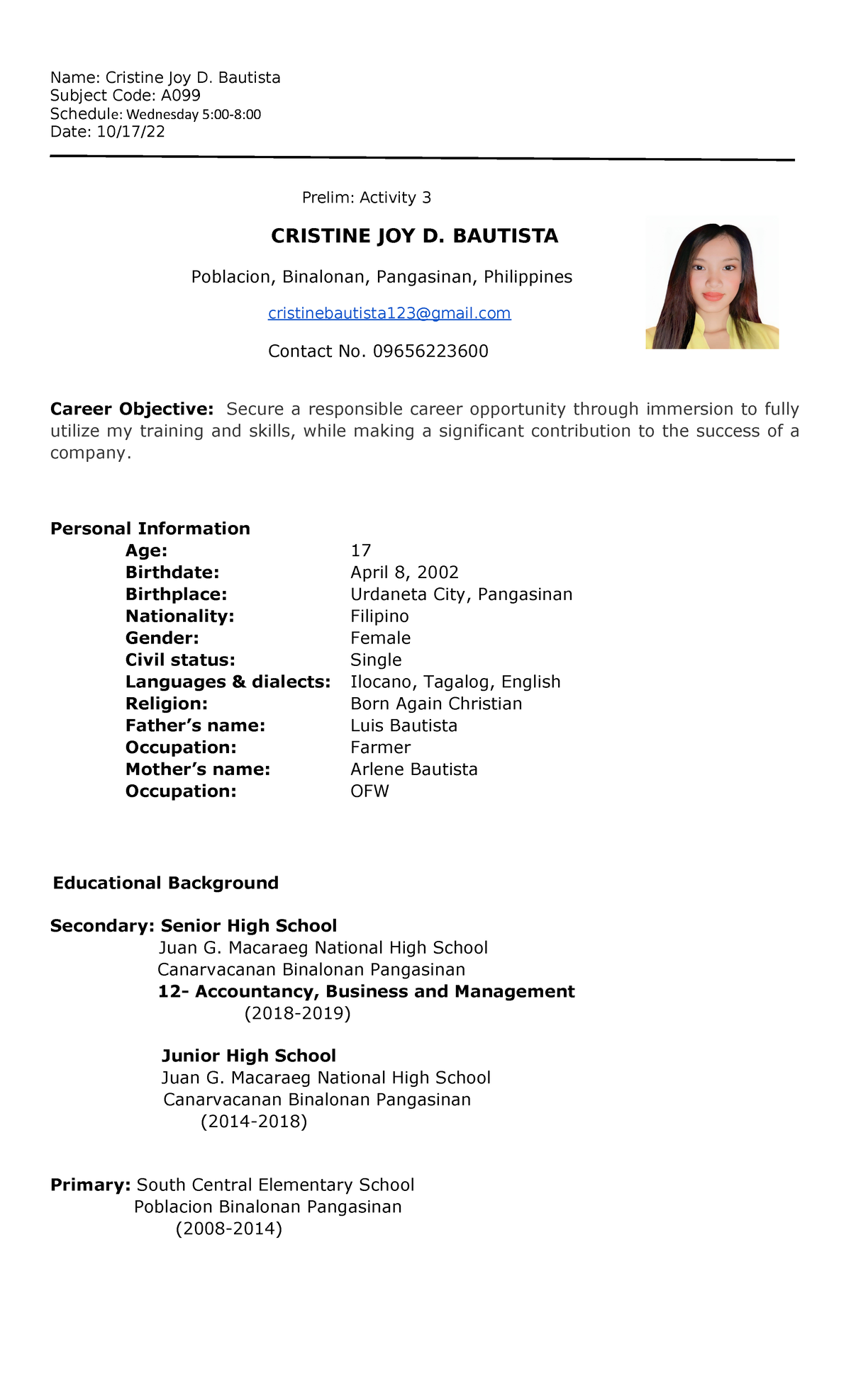 Bautista, Cristine Joy D. - Activity-Format - Name: Cristine Joy D ...