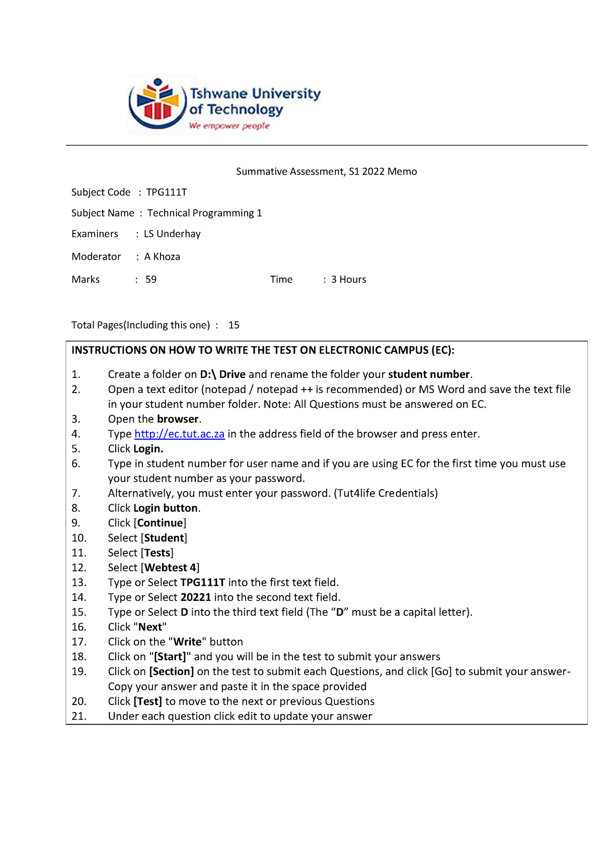 TPG111T SA Memo - None - Summative Assessment, S1 2022 Memo Subject ...