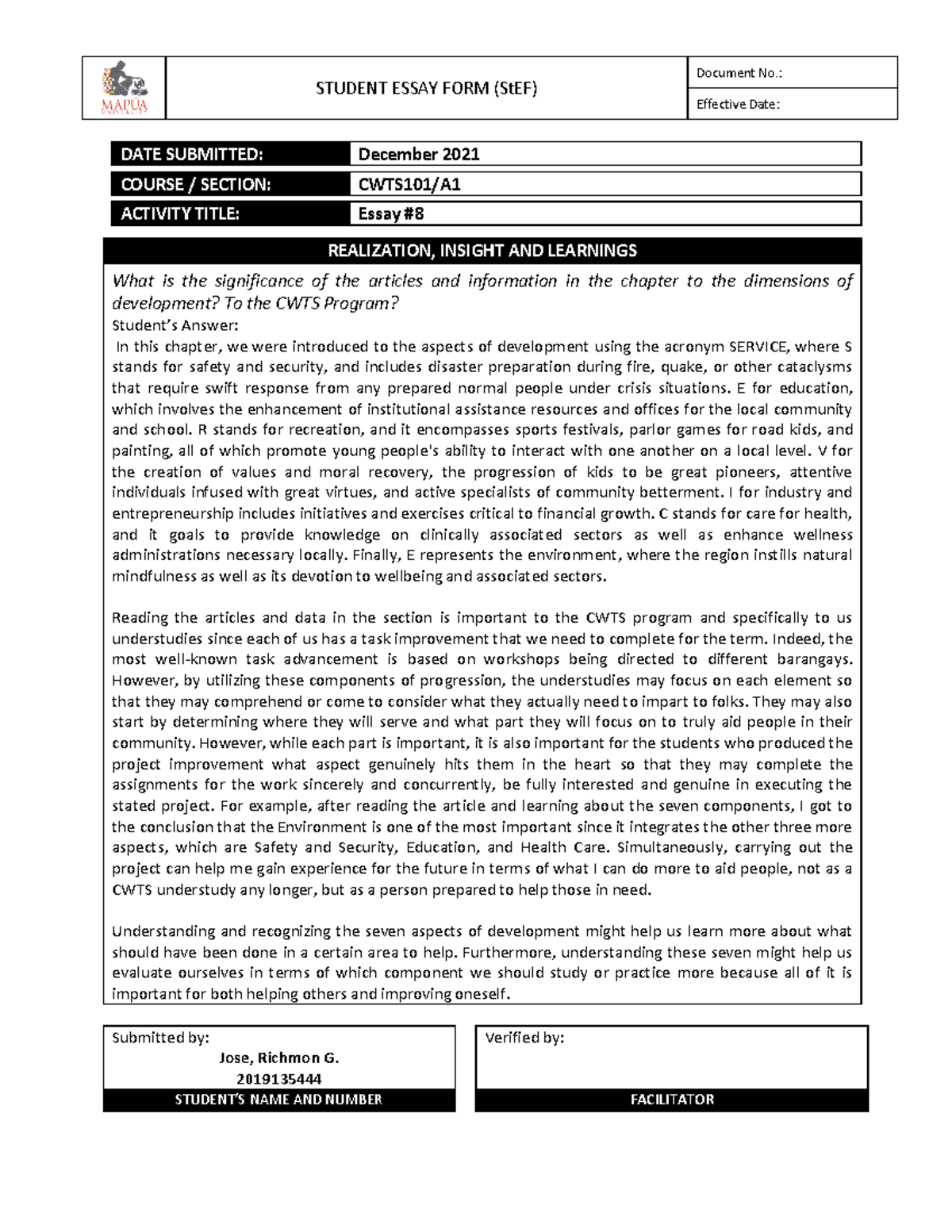 Jose - CWTS101 Essay #8 - STUDENT ESSAY FORM (StEF) Document No ...