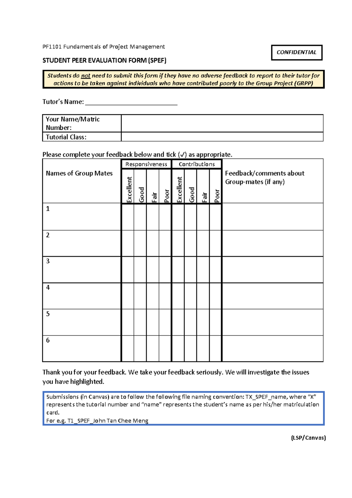 Student Peer Evaluation Form - PF1101 Fundamentals of Project ...