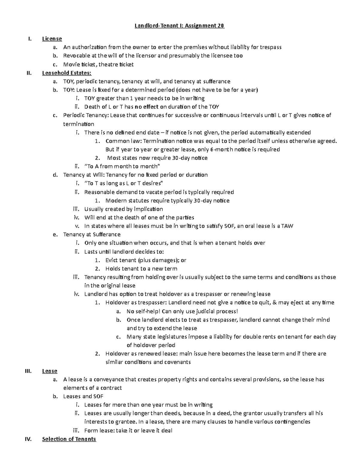 Landlord-Tenant I (Assignment 20) - License a. An authorizaion from the ...