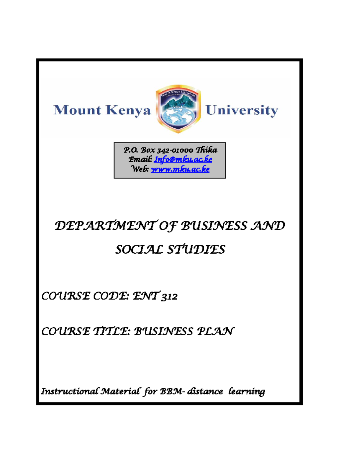 Business PLAN Notes - P. Box 342-01000 Thika Email: Info@mku.ac Web ...