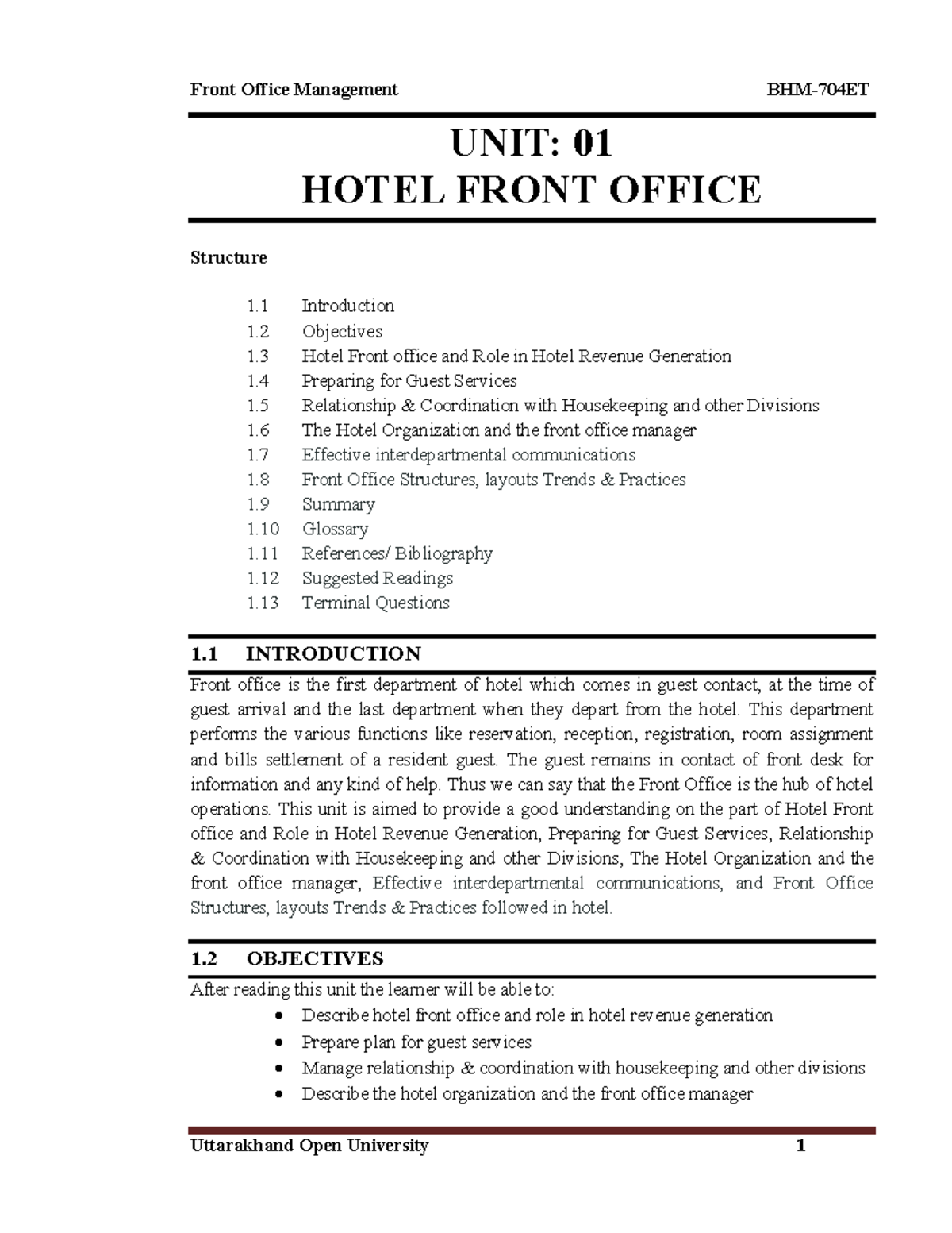 BHM704ET Front Office Systems And Procedures UNIT 01 HOTEL FRONT