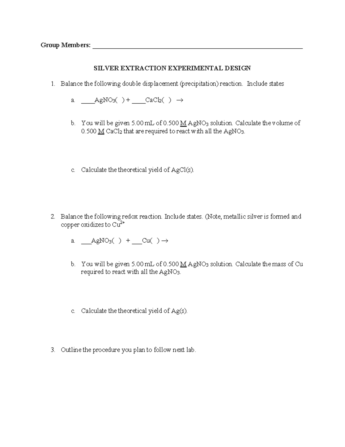 Silver Extraction Experimental Design Worksheet - Group Members: - Studocu