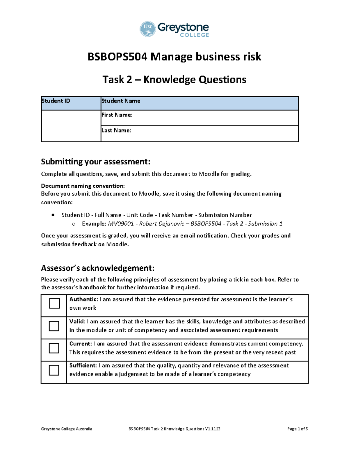 Bsbops 504 Task 2 Knowledge Questions V1.1123 Fillable - BSBOPS504 ...