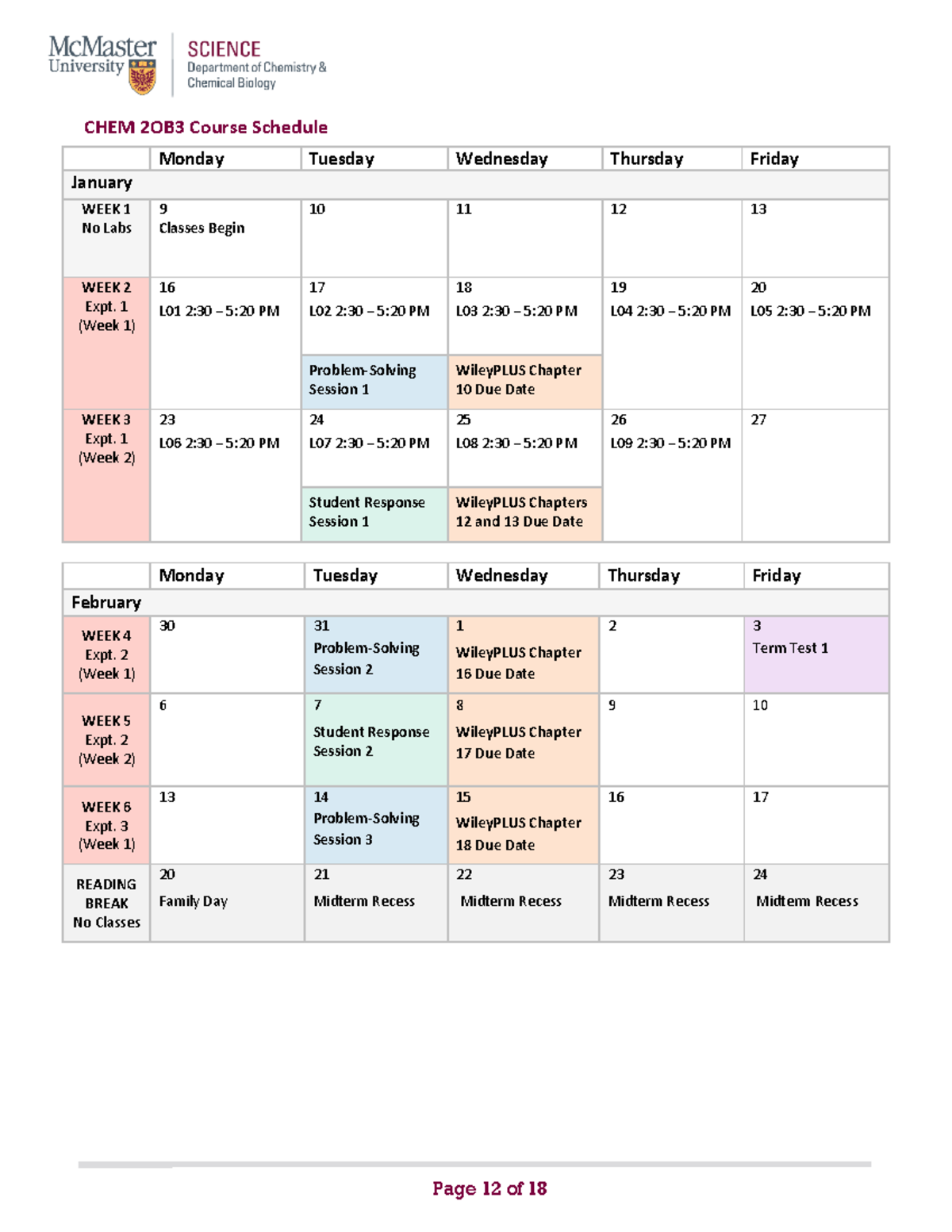 2OB3 Course Schedule Winter 2023 - Page 12 of 18 CHEM 2OB3 Course ...