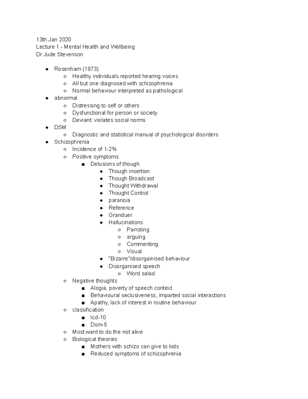 Mental Health And Wellbeing Lecture 1 - 13th Jan 2020 - 13th Jan 2020 ...