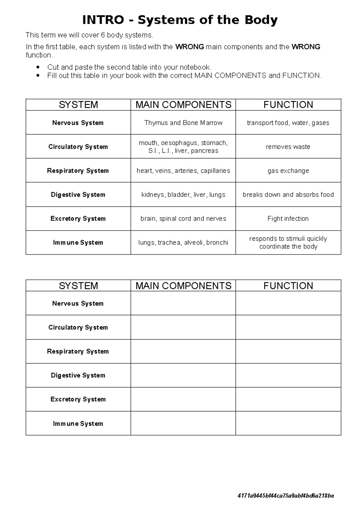 1a1 Intro - Systems of the Body worksheet - INTRO - Systems of the Body ...