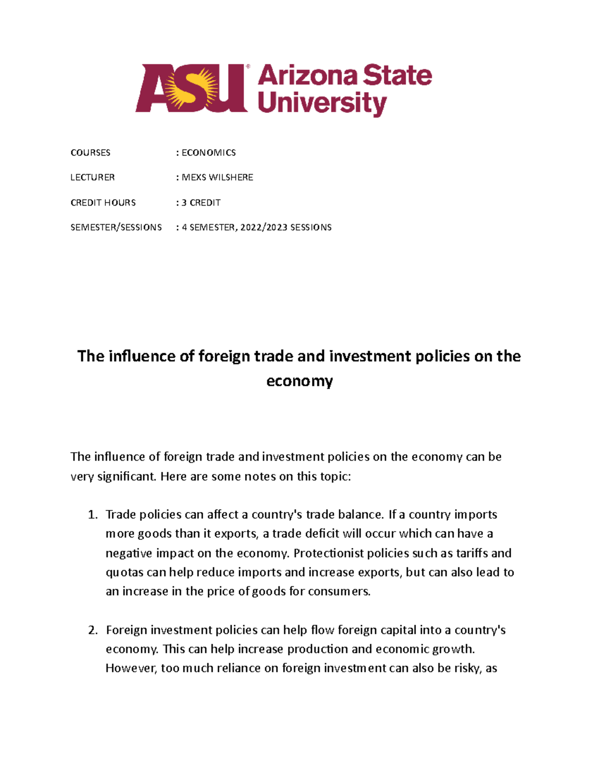 The influence of foreign trade and investment policies on the economy ...