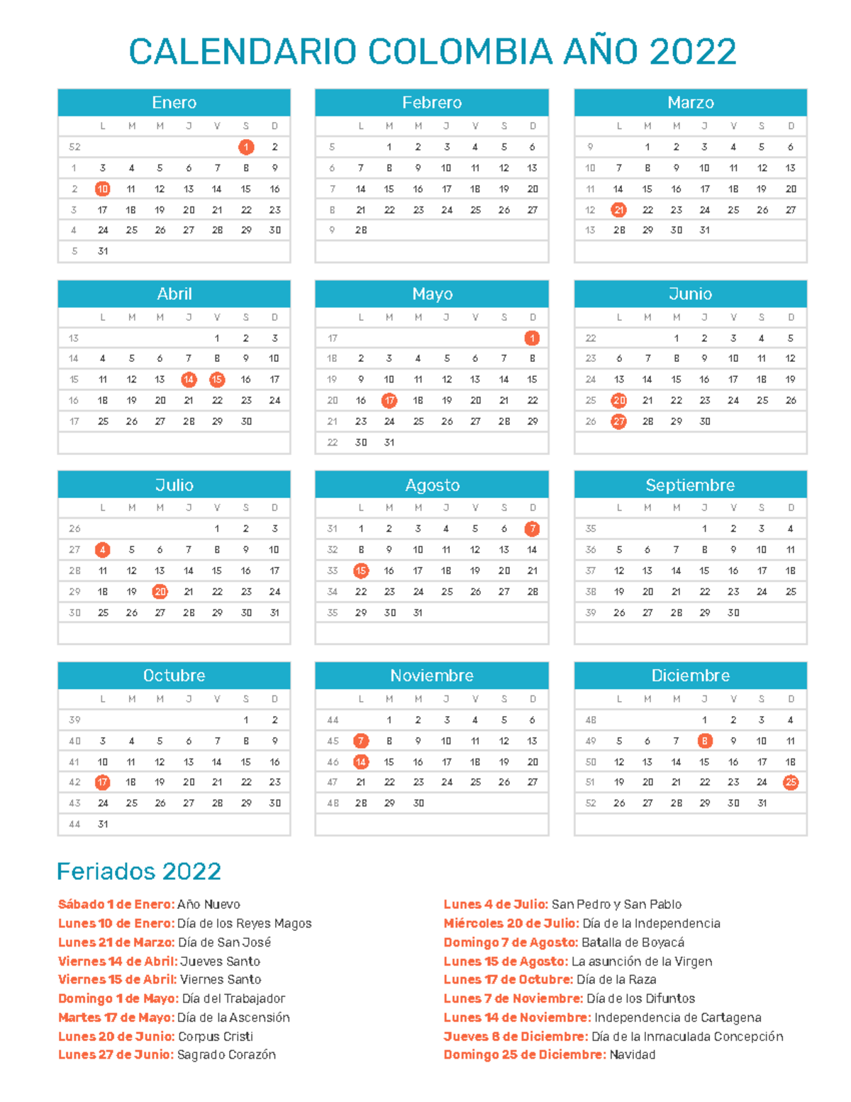 Calendario de Colombia año 2022 Feriados - CALENDARIO COLOMBIA AÑO 2022 ...