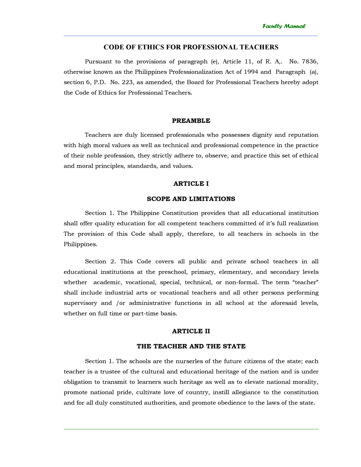 Code Of Ethics For Teachers Studocu