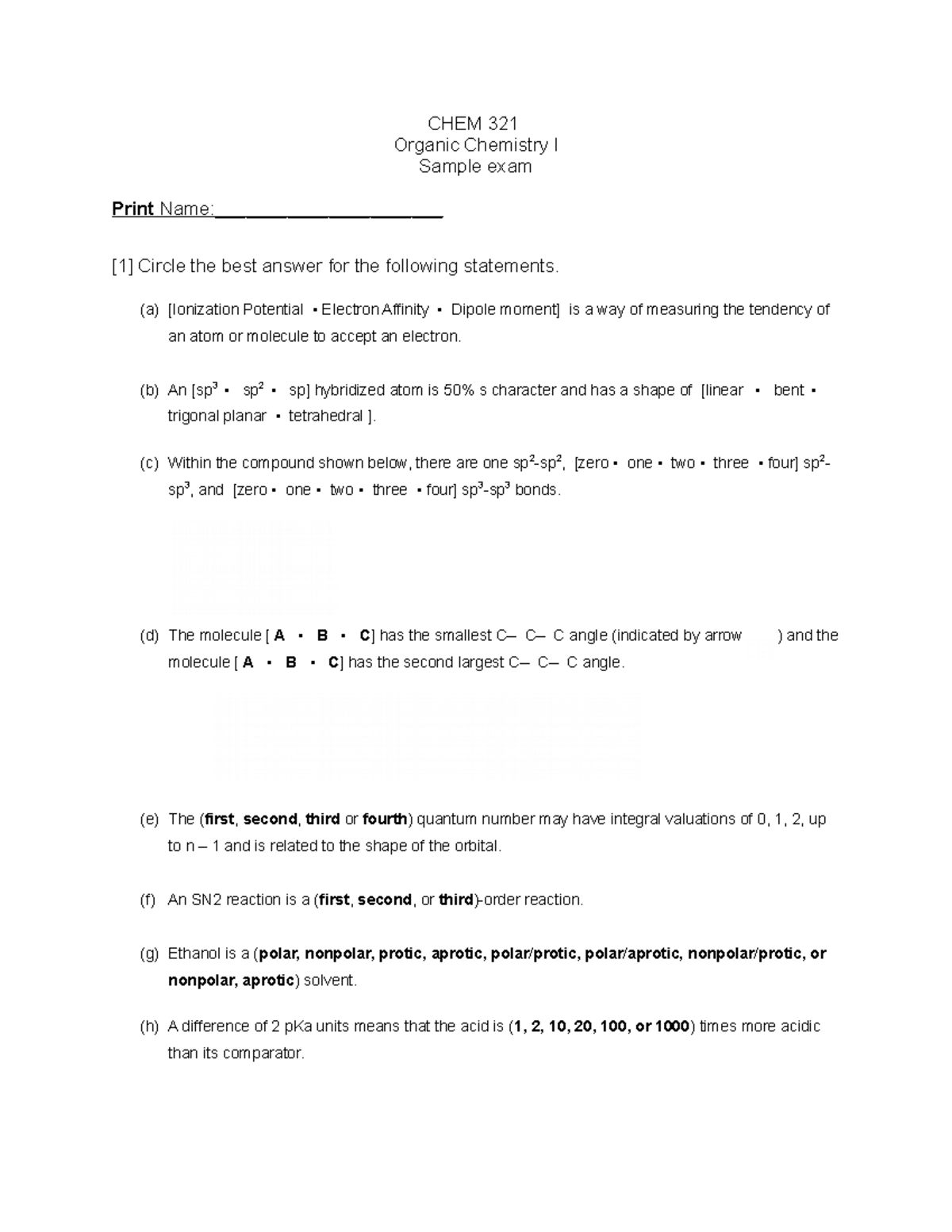 organic chem practice exam - CHEM 321 Organic Chemistry I Sample exam ...