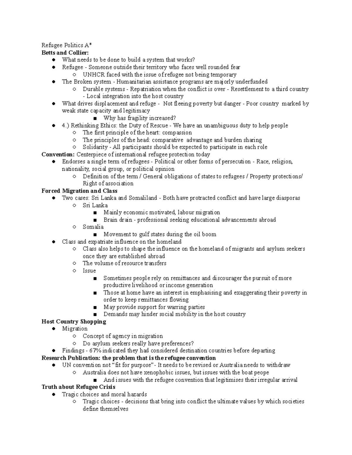 Summary 8 - Professor Brown - Refugee Politics A* Betts and Collier ...