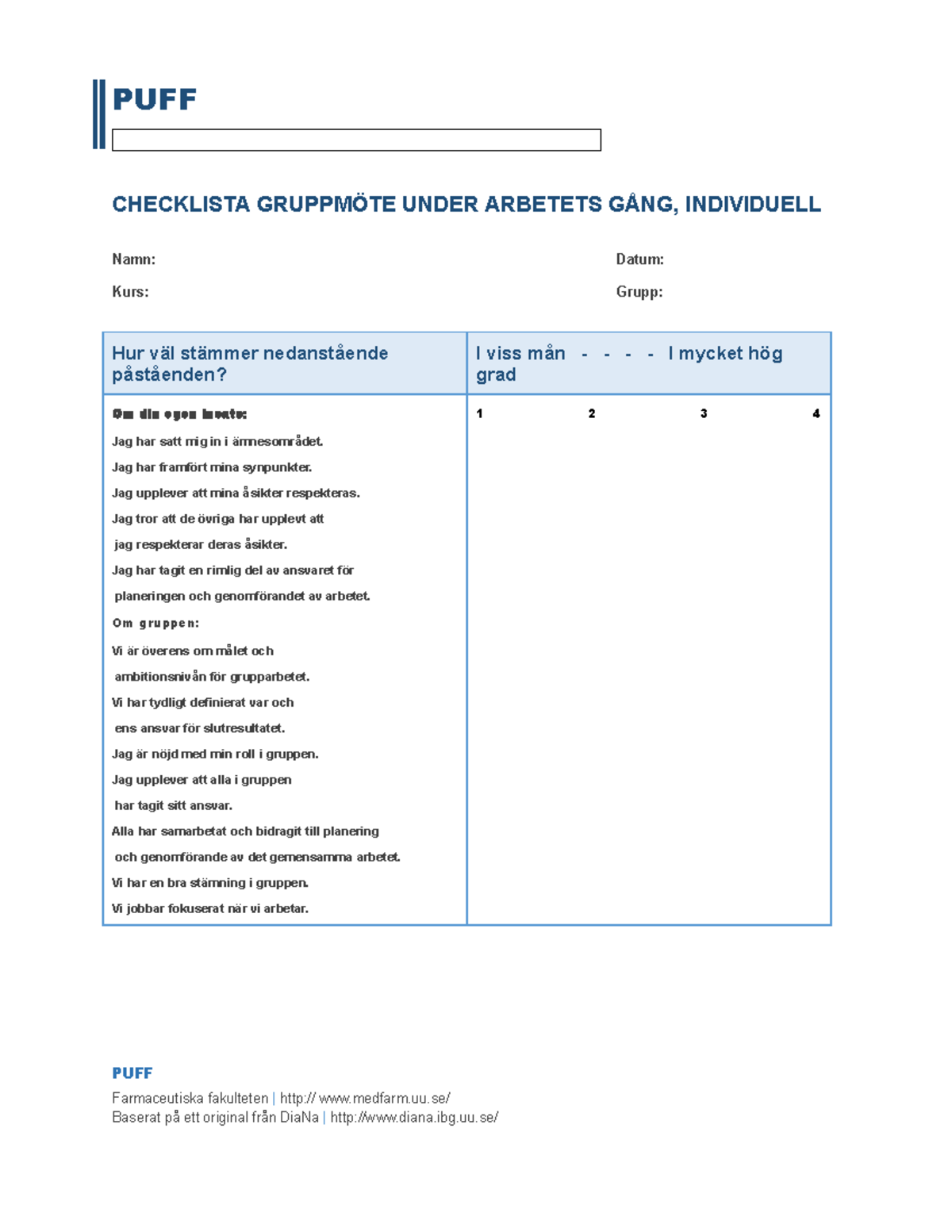PUFF Checklista gruppmote under arbetets gang individuell - PUFF ...