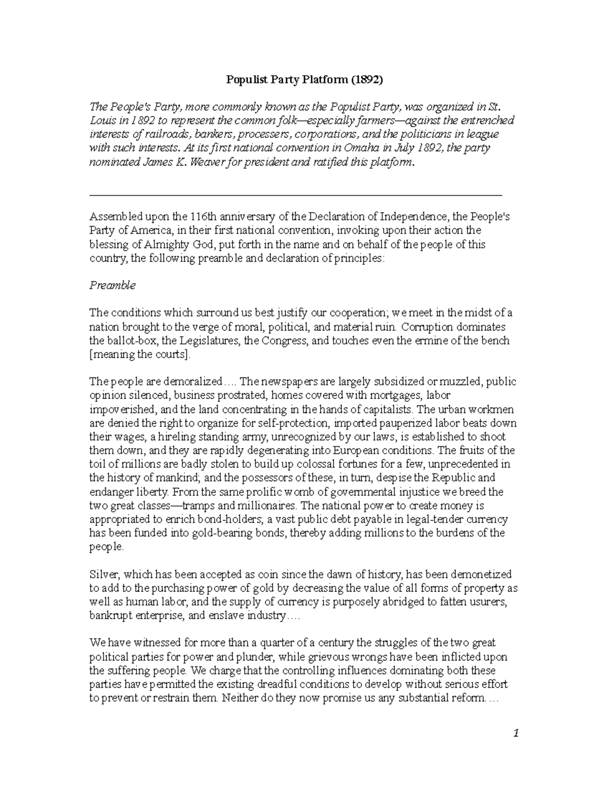 Excerpts Populist Party Platform Populist Party Platform 1892 The excerpts-populist-party-platform-populist-party-platform-1892-the