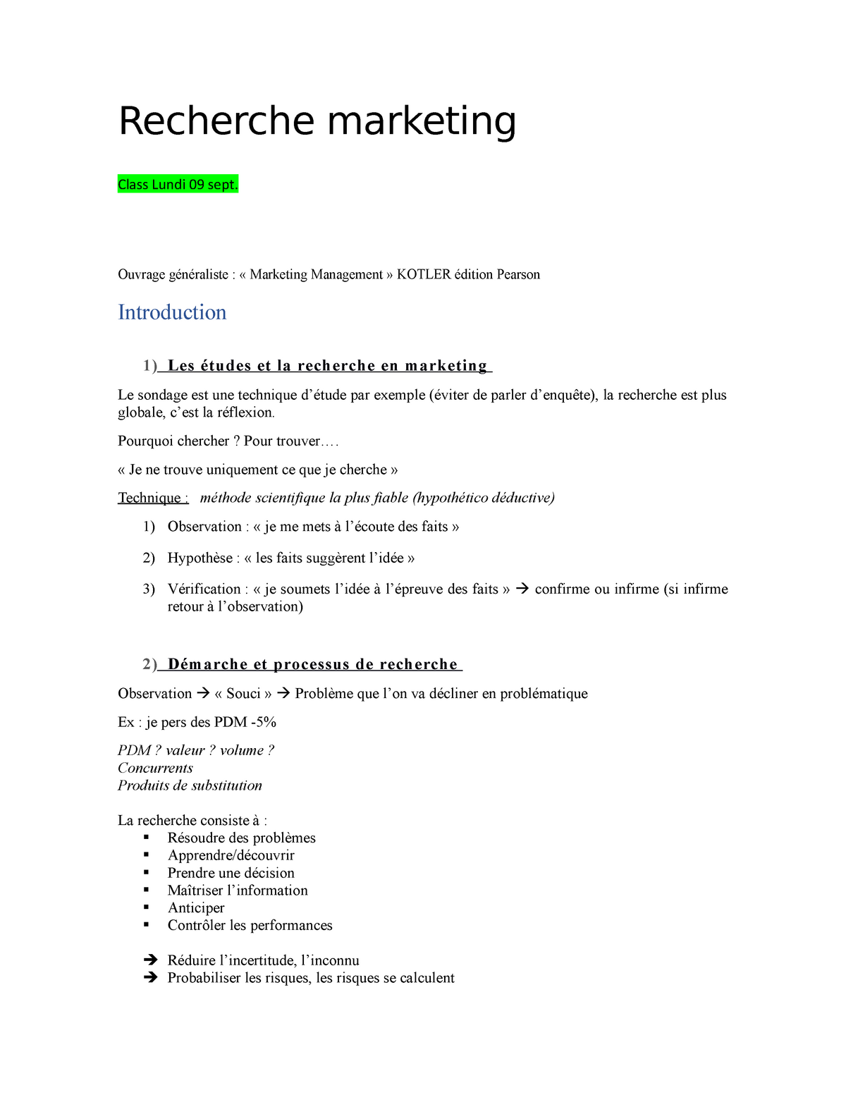 Recherche Marketing Notes De Cours Tous Recherche Marketing Class Lundi 09 Sept Ouvrage Studocu