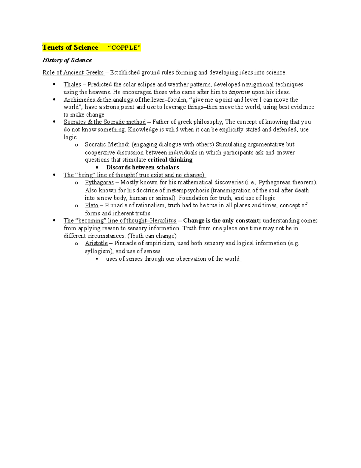 Tenets of Science “ Copple” - Tenets of Science “COPPLE” History of ...