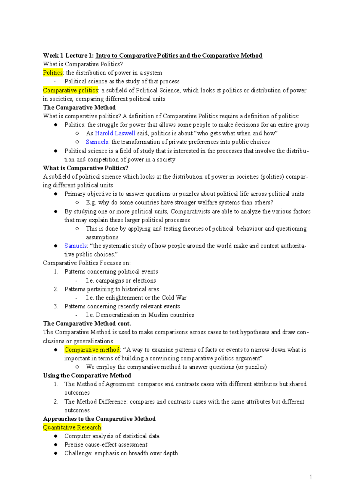 POLS 2100 - Comparative Politics notes - Week 1 Lecture 1: Intro to ...