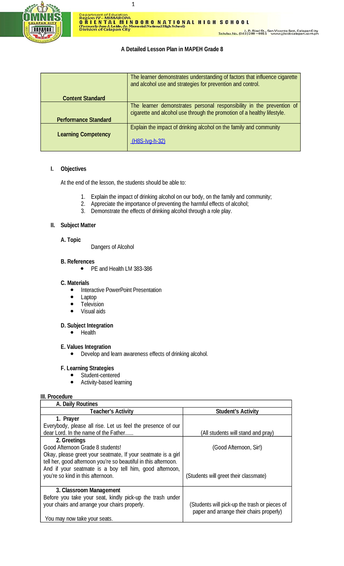 Lesson Plan in MAPEH - Performance Standard The learner demonstrates ...
