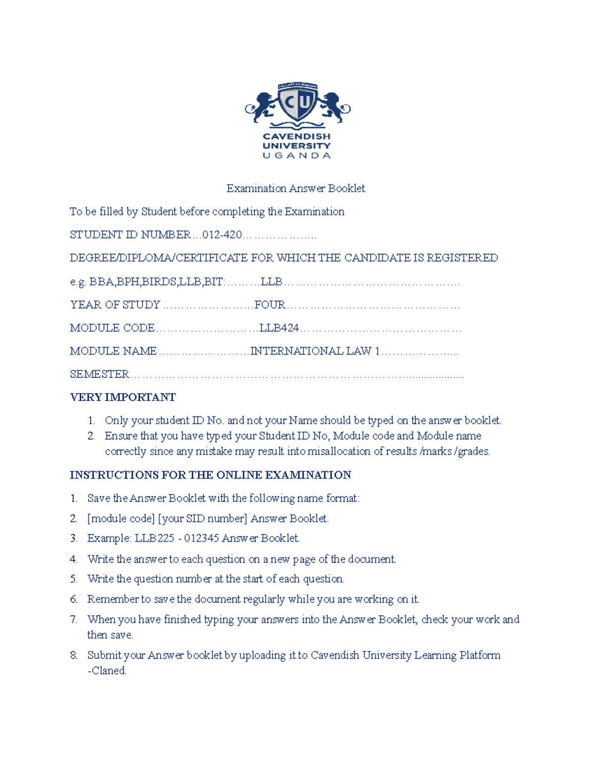 International Law 1 Examination Answer Booklet To Be Filled By International Law 1 Examination Answer Booklet To Be Filled By