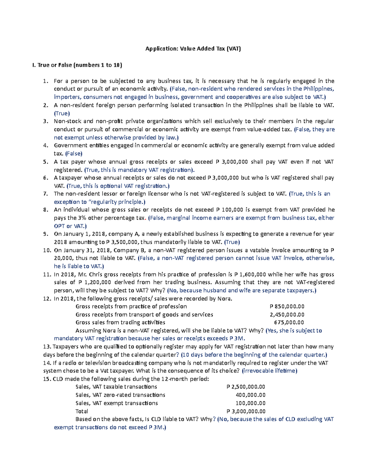 11 problems on vat with answers and solutions Application Value Added Tax (VAT) I. True or