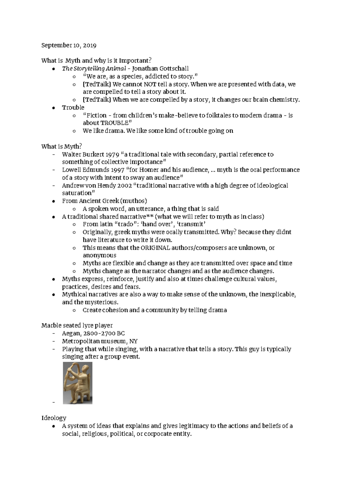 Classics 2200 1 - Lecture Notes 1 - September 10, 2019 What Is Myth And ...