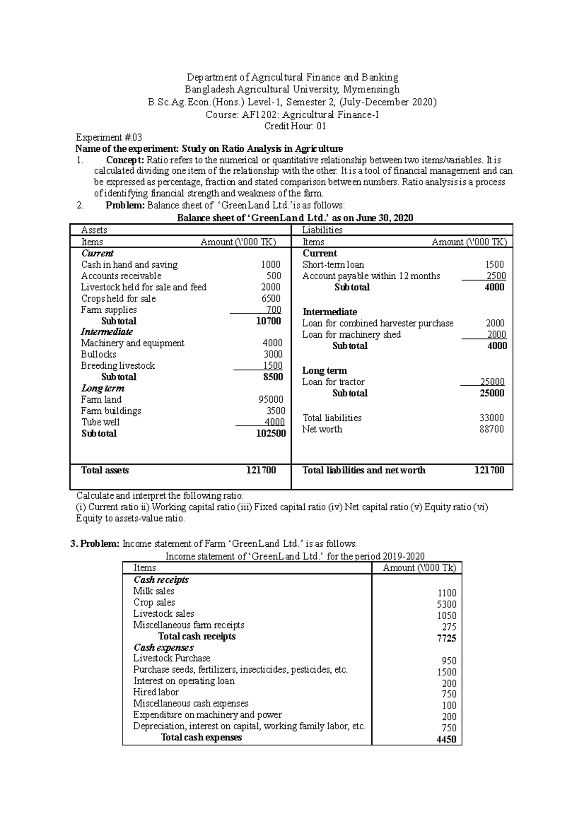 Study on Ratio Analysis in Agriculture - Department of Agricultural ...