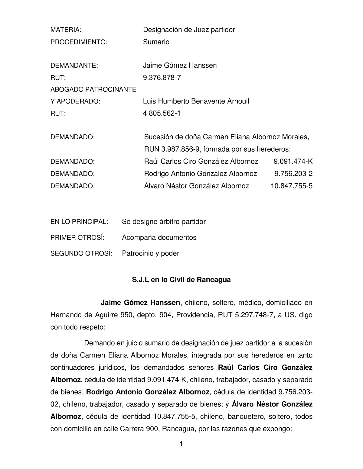 Designacion De Juez Partidor 1 Materia Designación De Juez Partidor Procedimiento Sumario