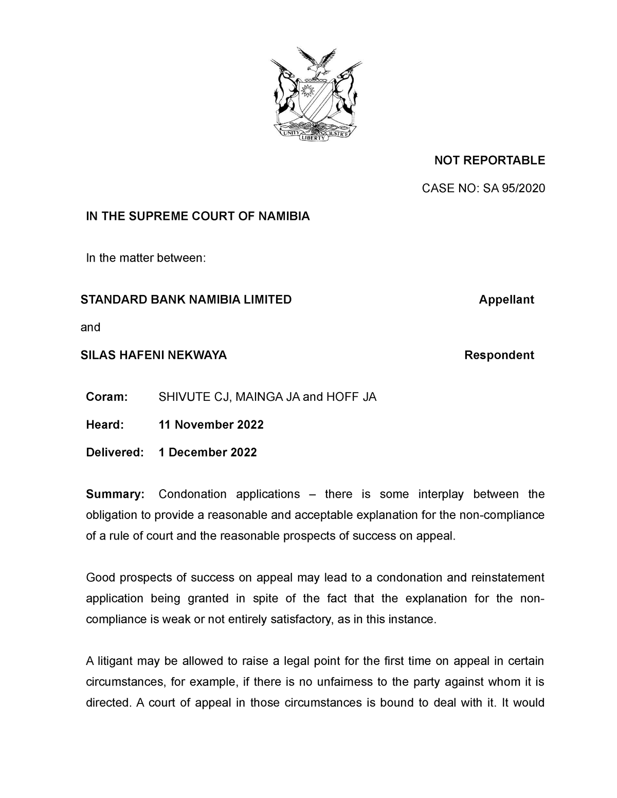 Standard Bank Namibia Limited V Nekwaya SA 95 2020 2022 NASC 1 