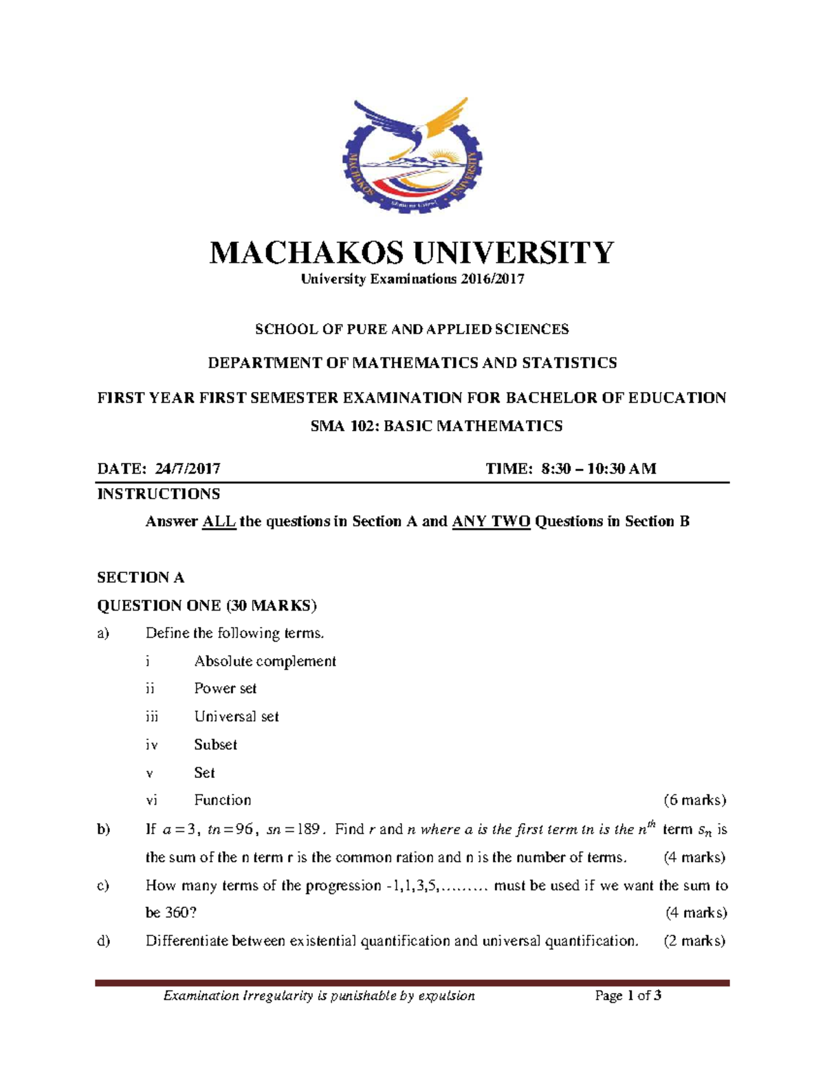 Basic mathematics for physics examination irregularity is punishable