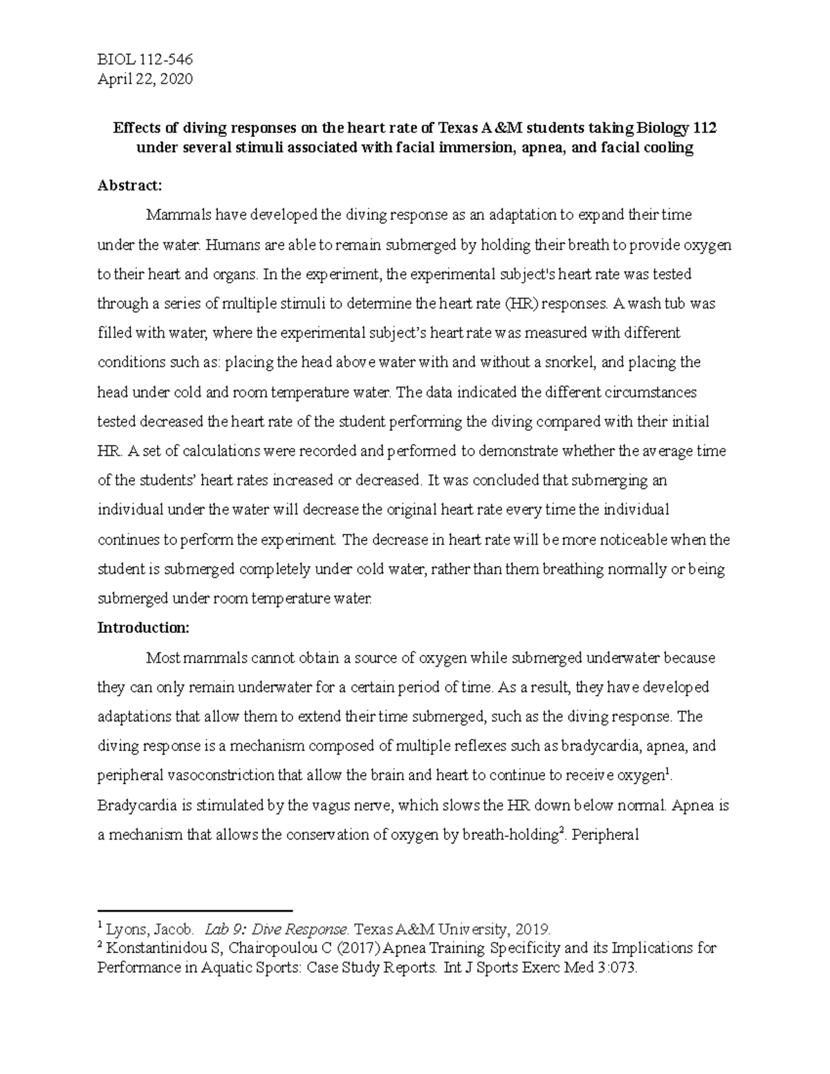 BIO LAB Report 112 - labs - April 22, 2020 Effects of diving responses ...