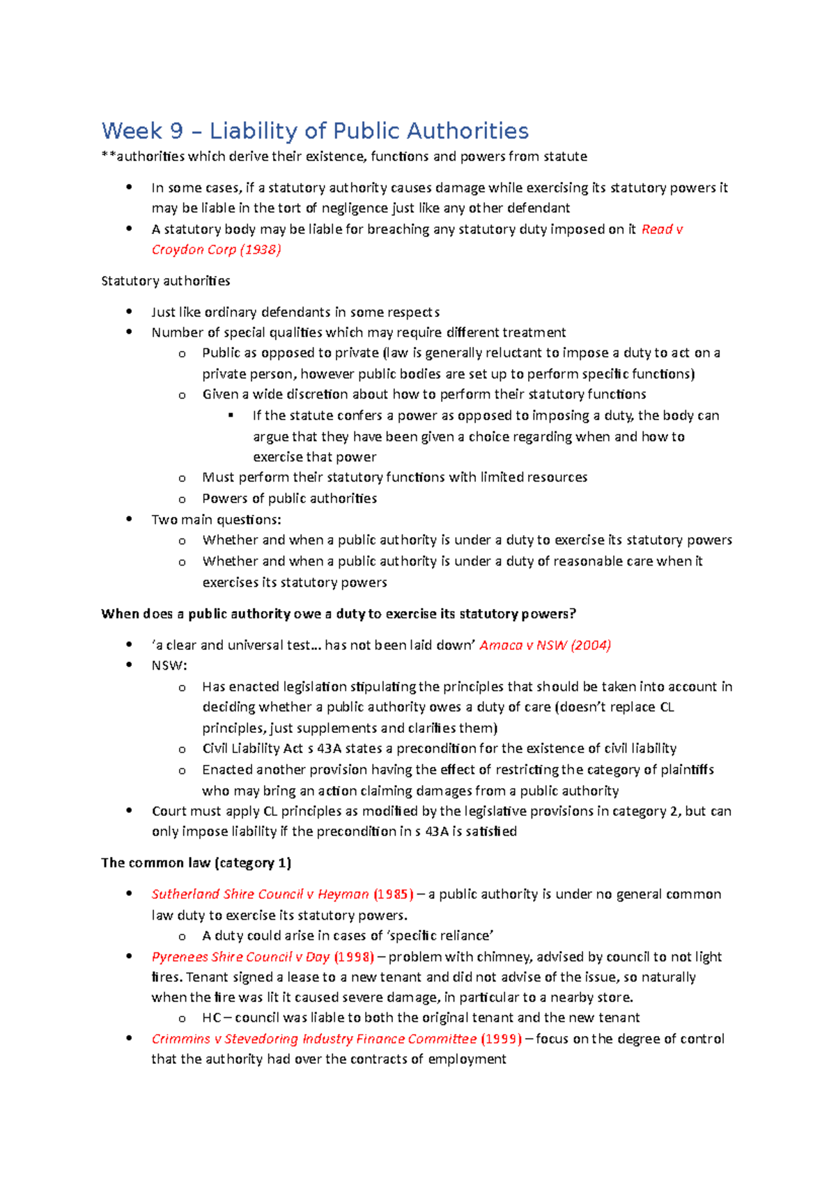 Public authorities - Lecture notes 9 - Week 9 – Liability of Public ...